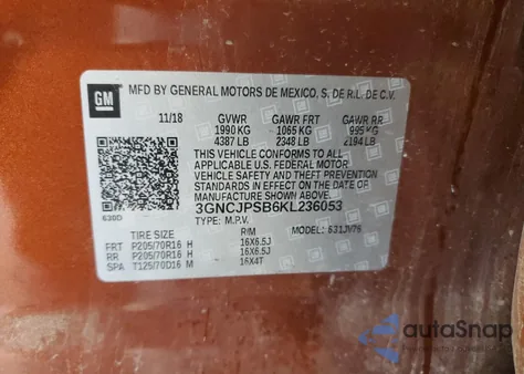 2019 Chevrolet Trax 1Lt z USA, uszkodzony, nr VIN 3GNCJPSB6KL236053